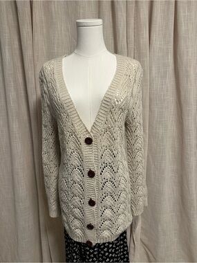 FILO Cream Openwork Button-Front Women's Cardigan Sweater